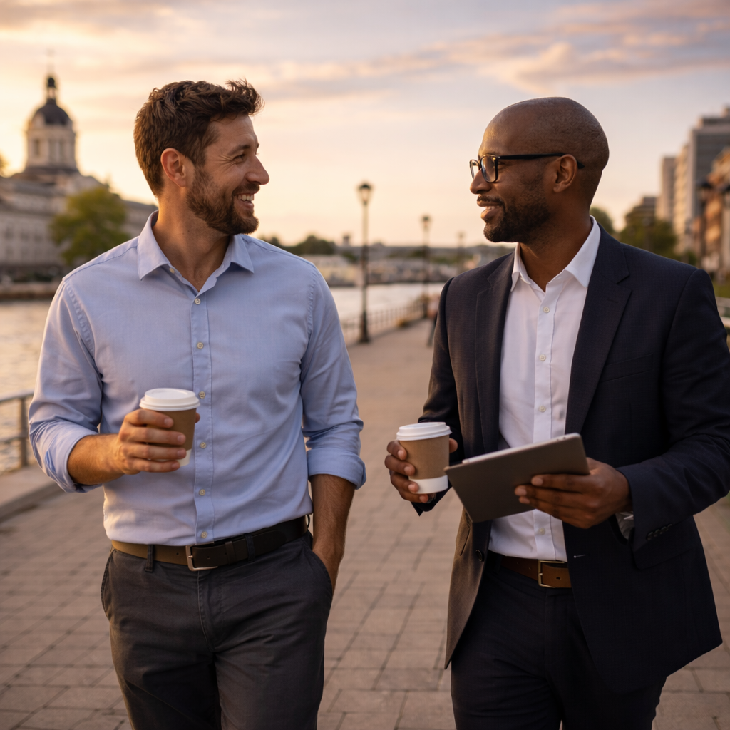Two business professionals walking along the Kingston waterfront having a consultation over coffee