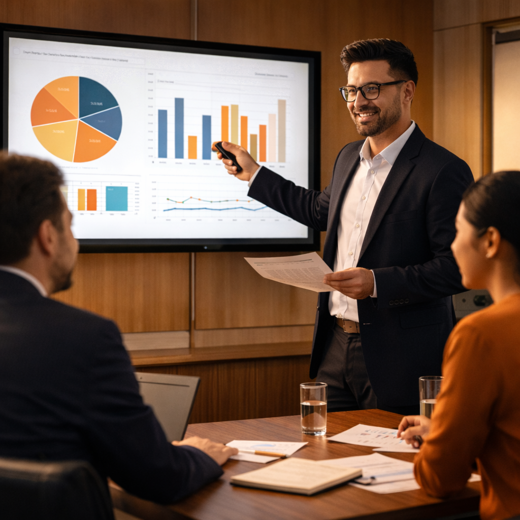 Business advisor presenting financial analysis to clients in a meeting room