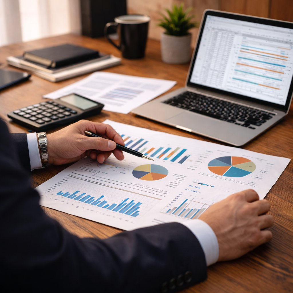 Business professional reviewing financial documents with charts, calculator, and laptop on a desk