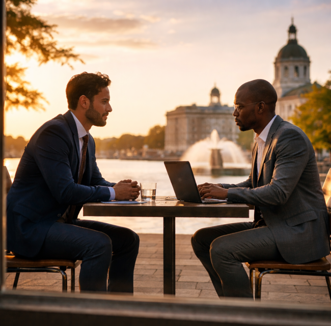 Business meeting at Kingston waterfront with City Hall in the background