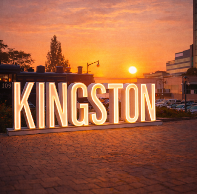 Illuminated Kingston sign on the Kingston waterfront